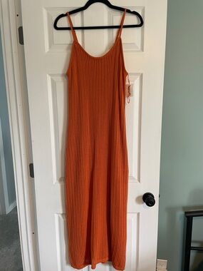 Women’s Orange Knit Midi Dress - Sleeveless Spaghetti Strap